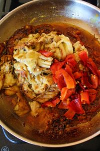 add roasted eggplant and pepper