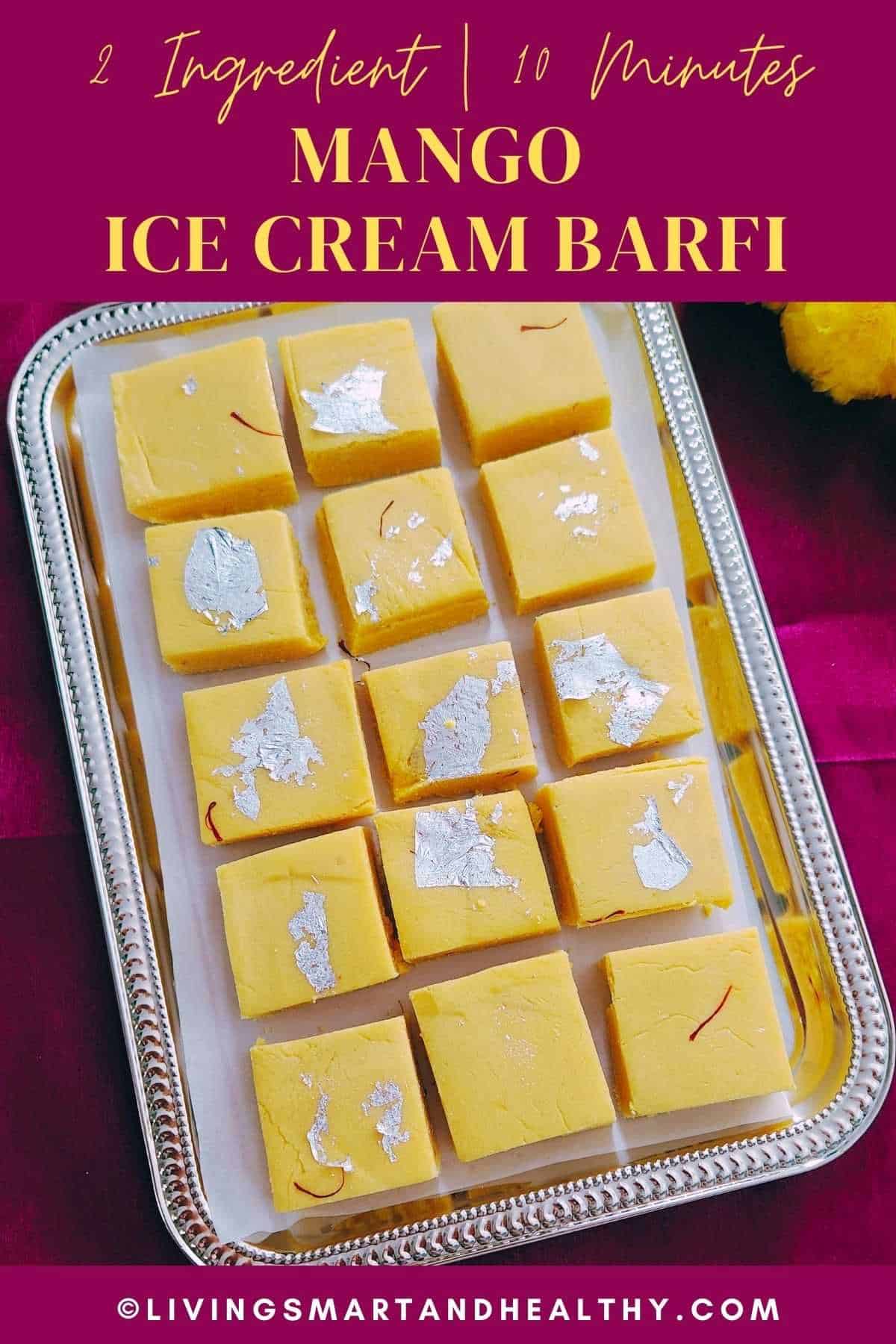 mango ice cream burfi garnished with strands of saffron and silver vark for festive look