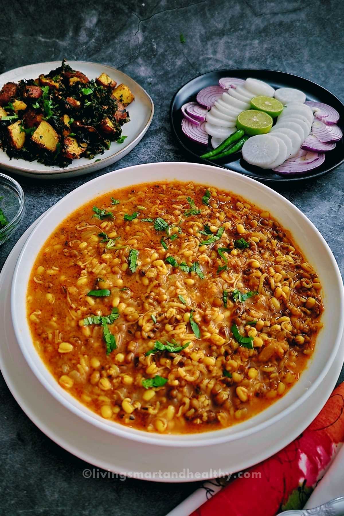 Moong bean Sprouts curry garnished with cilantro served with fresh salad