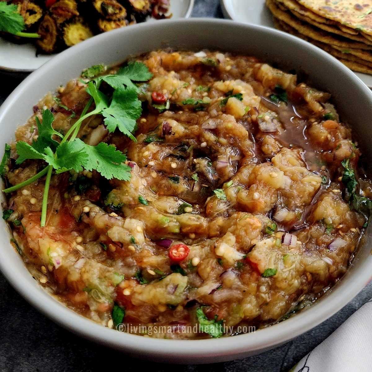 baingan chokha with a drizzle of mustard oil
