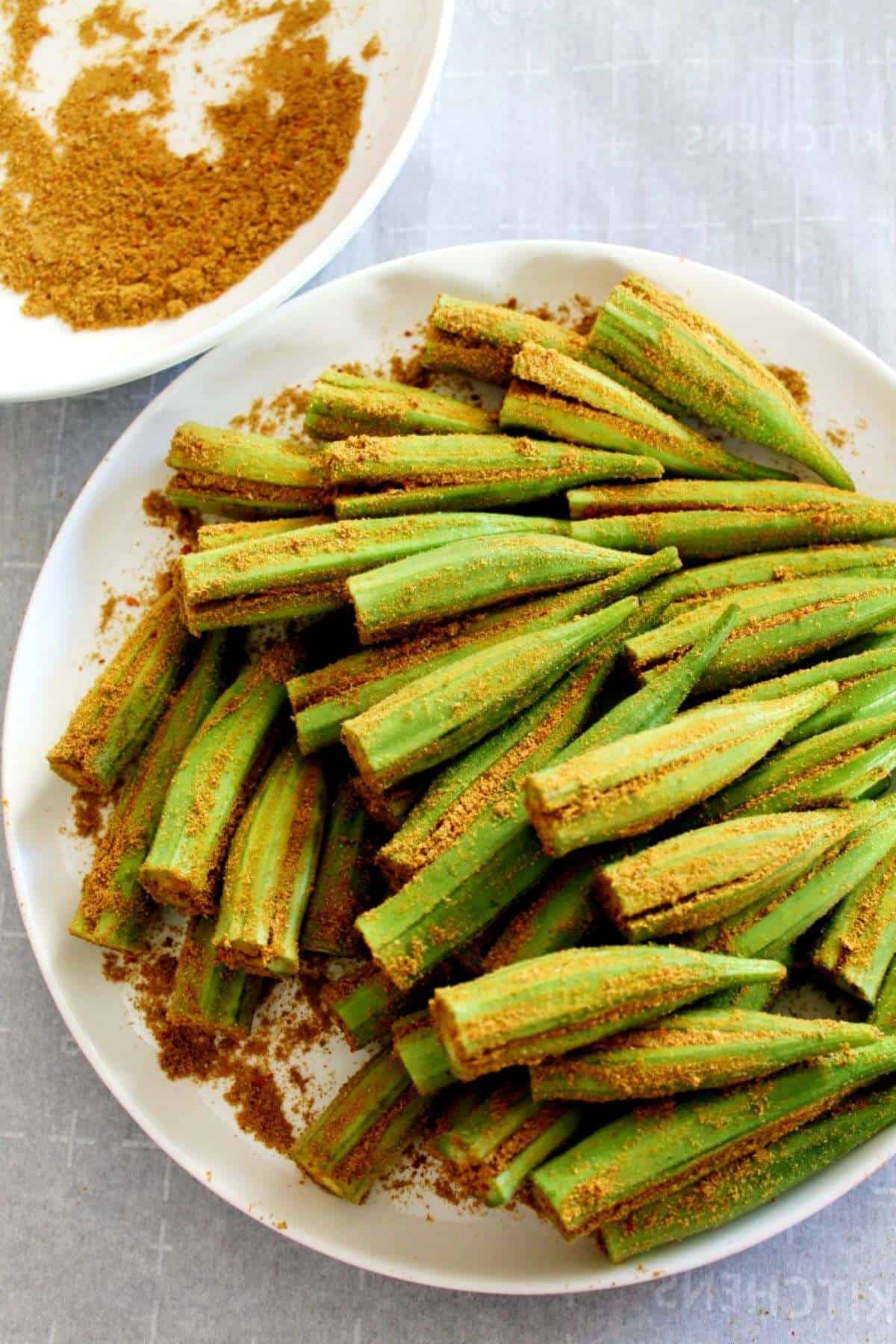 stuffed bharwa bhindi in white plate
