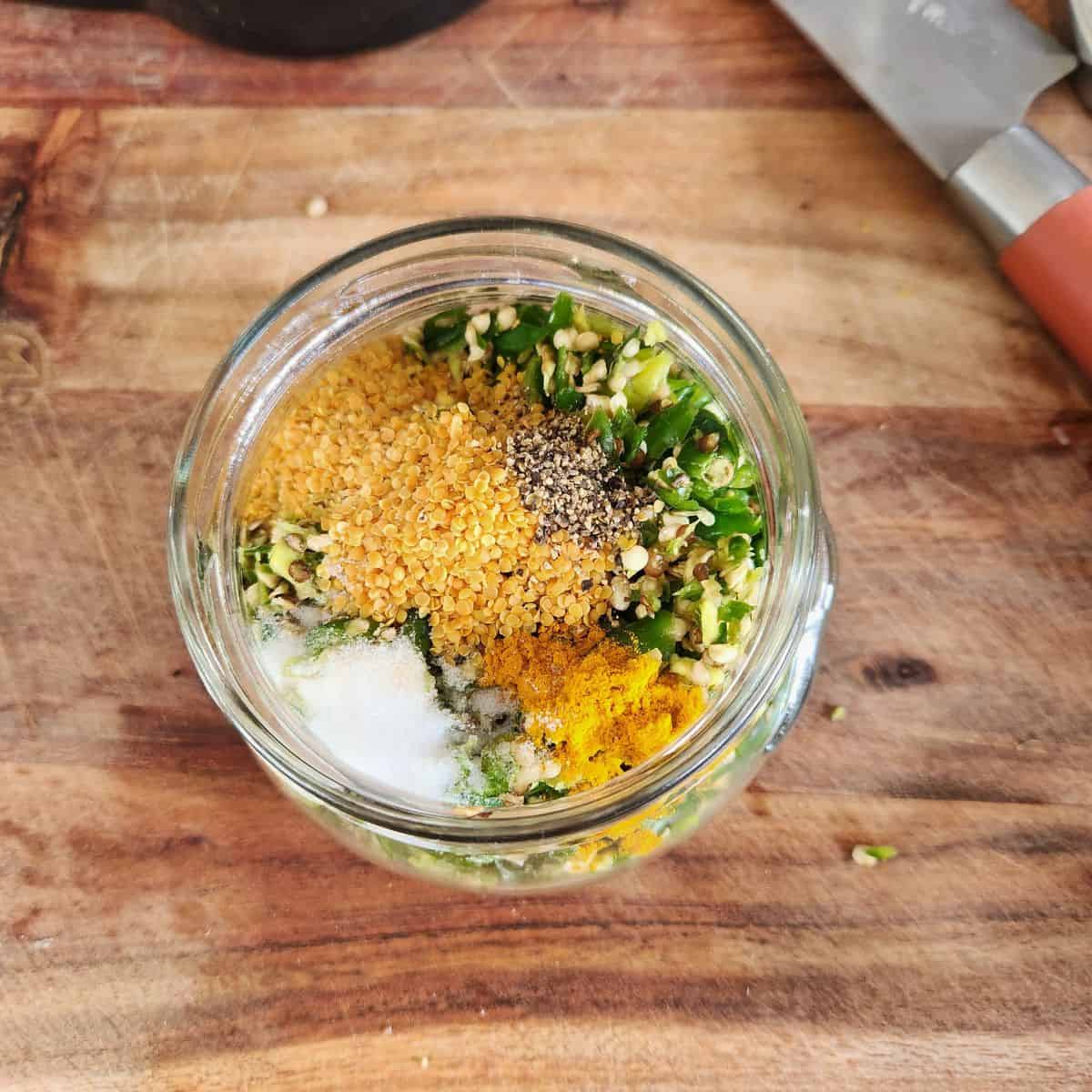 combine the ingredients for green chilli pickle