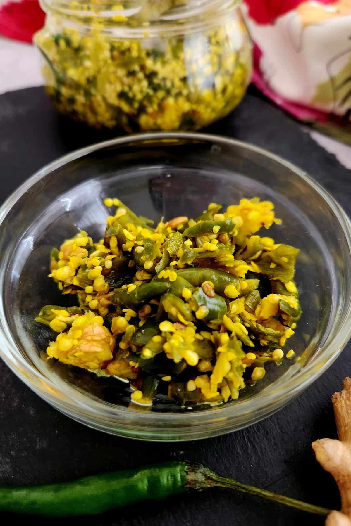 green chilli pickle in a small serving bowl