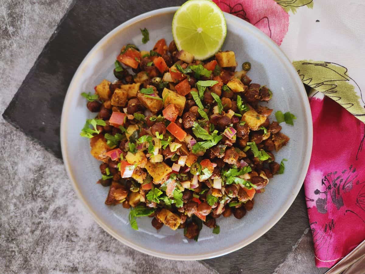 high protein kala chana chaat recipe, naturally vegan and gluten free recipe