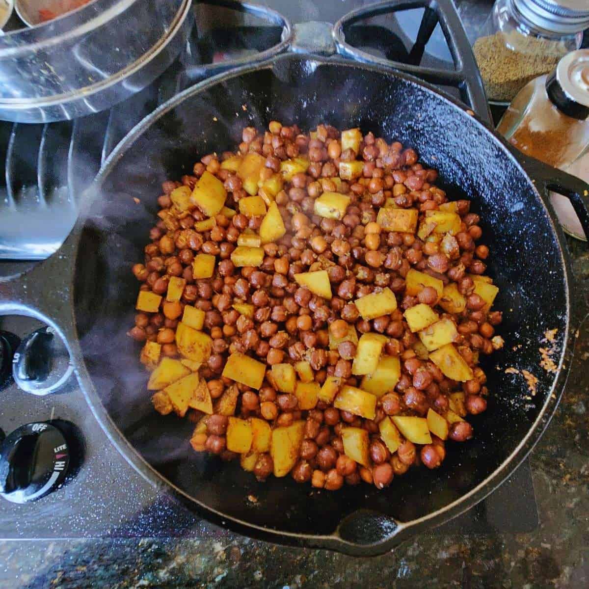 spiced kala chana and potatoes for kala chana chaat