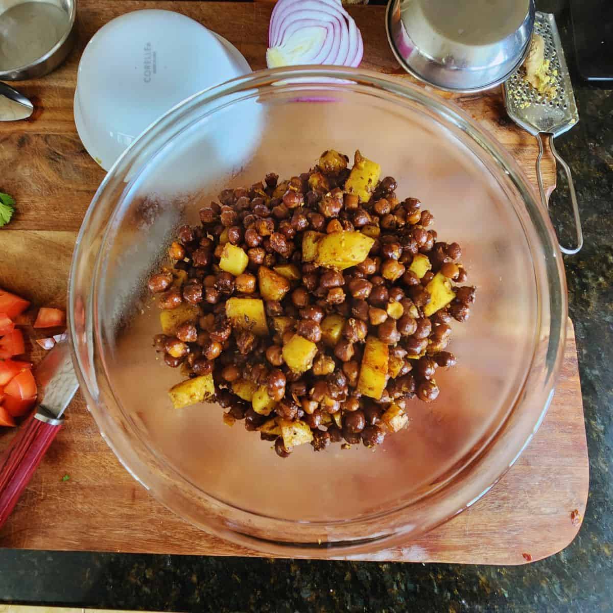 allow the kala chana chaat mixture to cool down before adding fresh veggies
