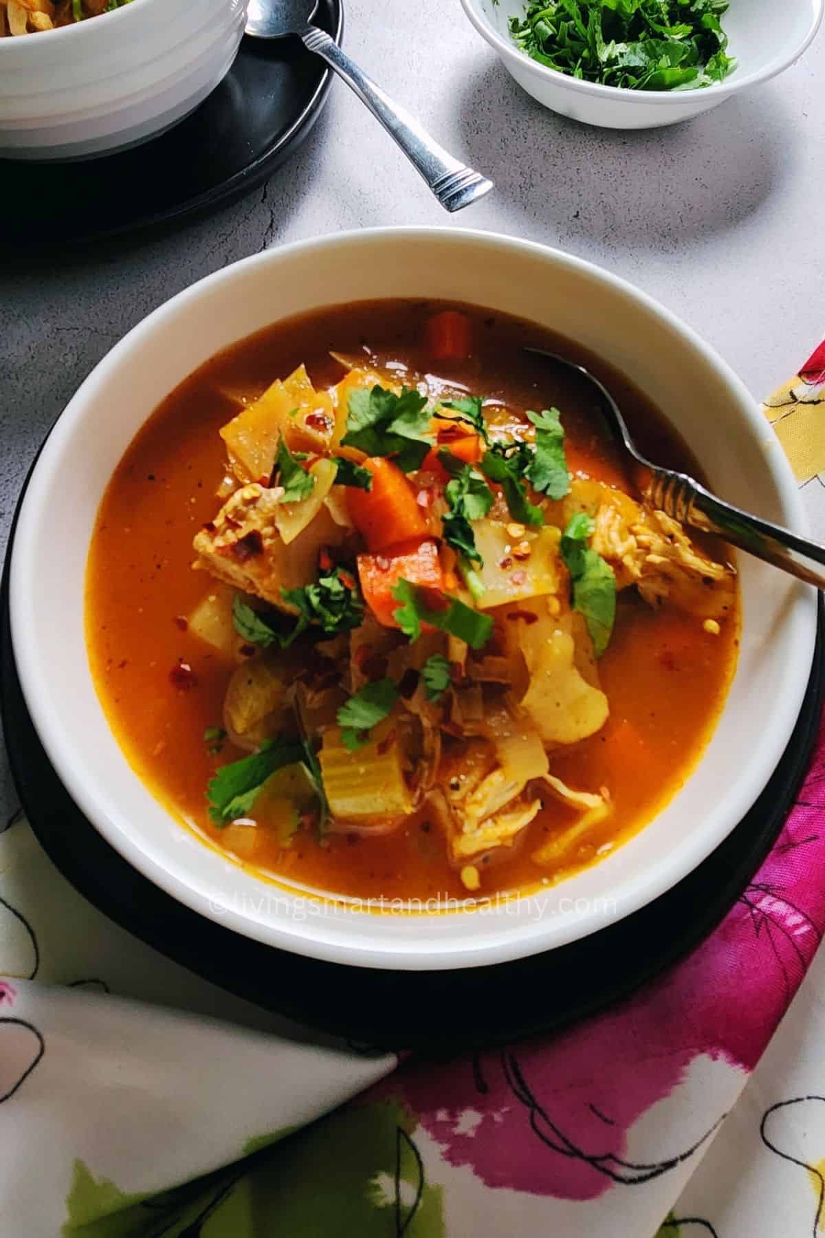 Instant Pot filled with simmering chicken and cabbage soup