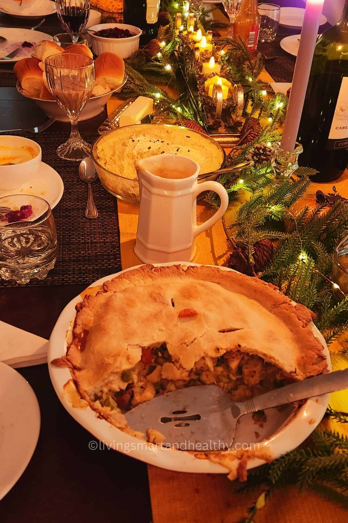 Creamy chicken and vegetable filling inside a homemade pie.