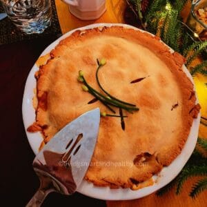 Golden-brown chicken pot pie fresh from the oven with flaky crust.
