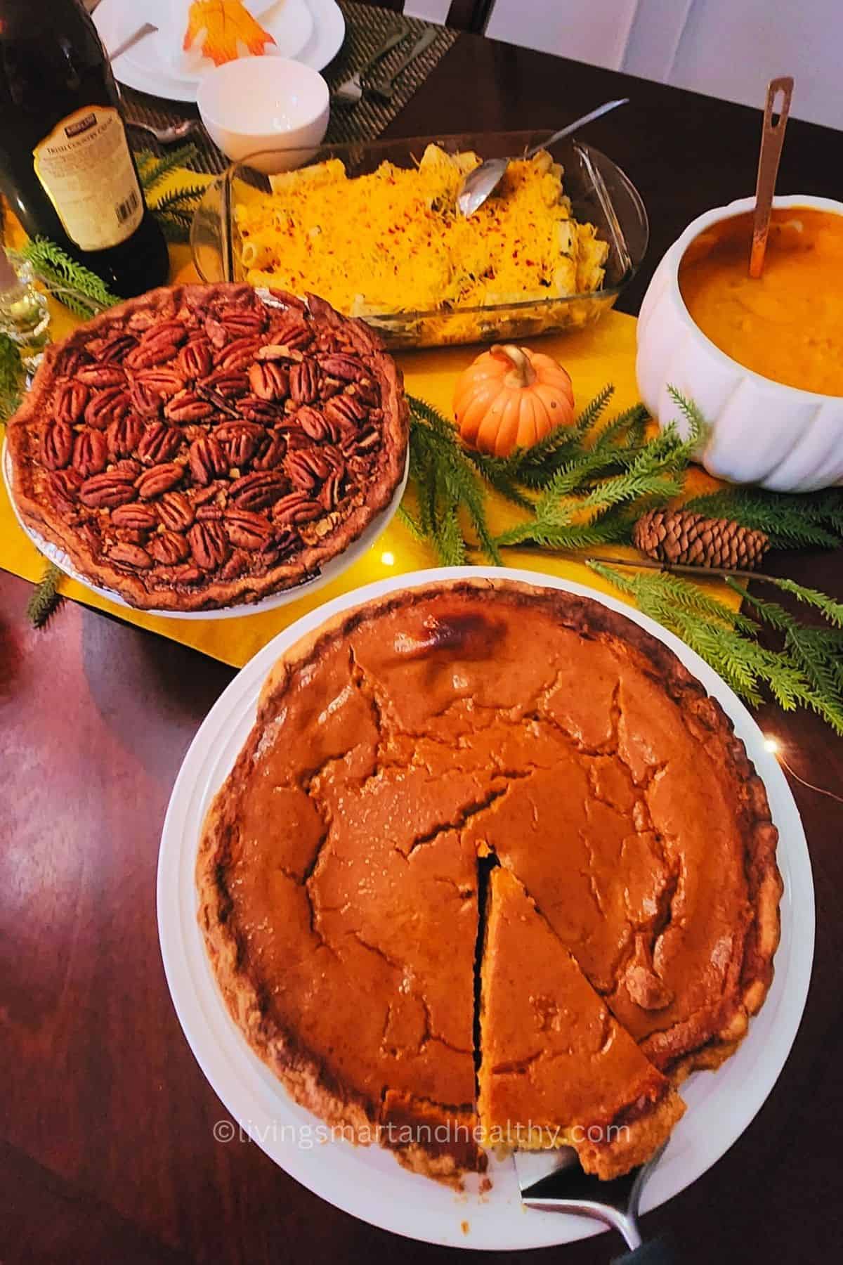 Pumpkin pie topped with cinnamon and nutmeg, simple and delicious Thanksgiving dessert recipe.