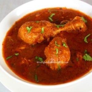 easy chicken curry indian served in a white bowl