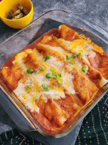 Low-carb chicken enchiladas with almond flour tortillas and Greek yogurt sauce