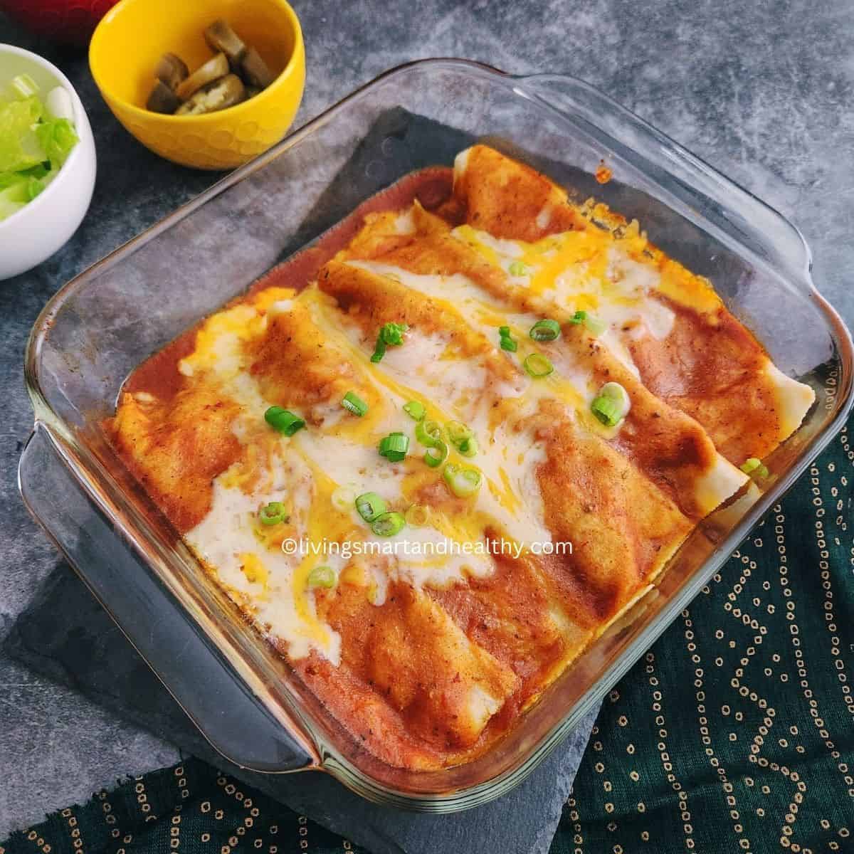 Low-carb chicken enchiladas with almond flour tortillas and Greek yogurt sauce