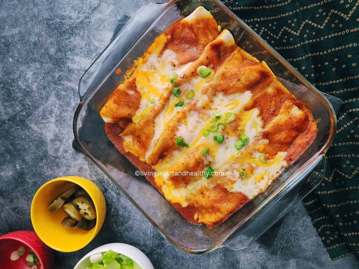 low carb chicken enchillada with almond flour tortilla and greek yogurt sauce