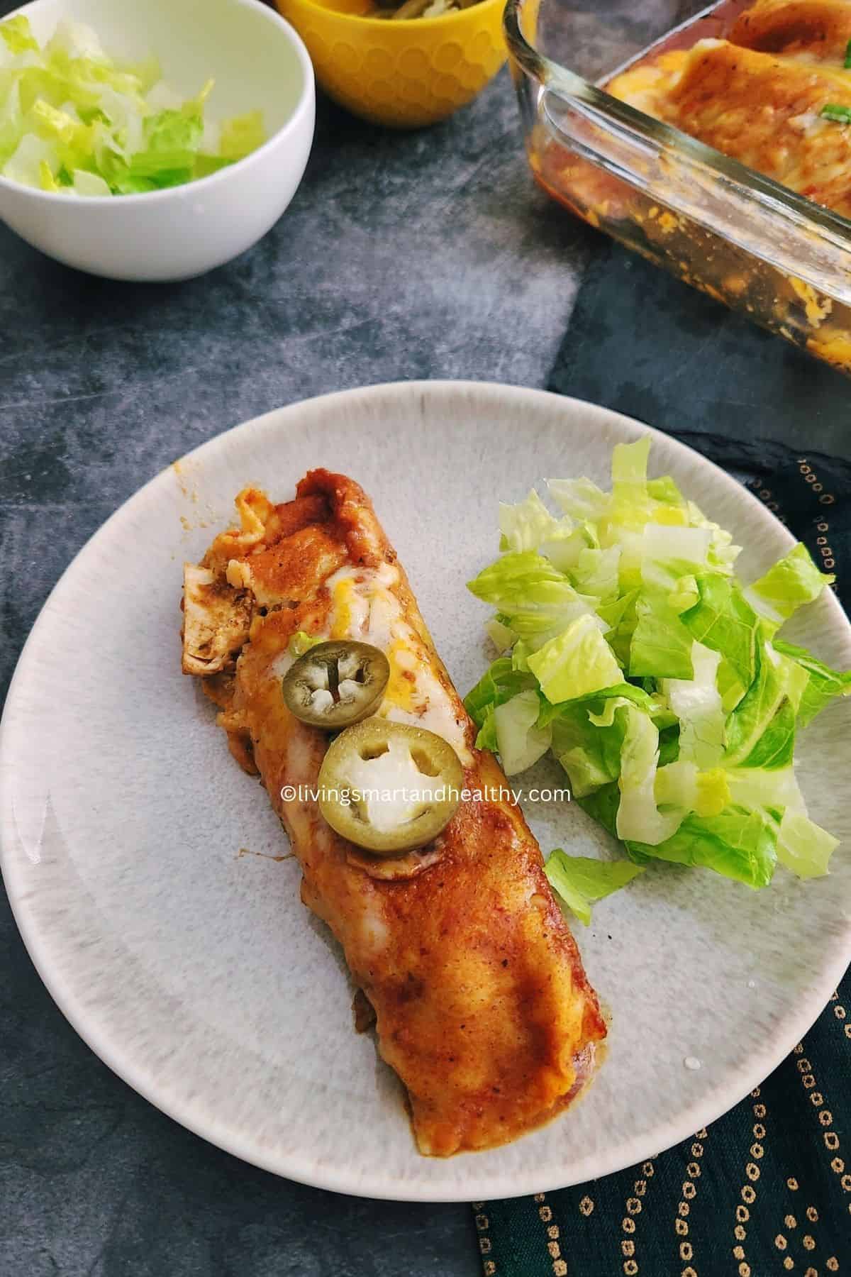 Close-up of almond flour tortilla enchiladas with creamy filling