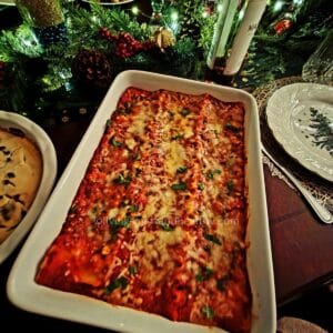 High-protein spinach lasagna recipe fresh from the oven with creamy cheese layers