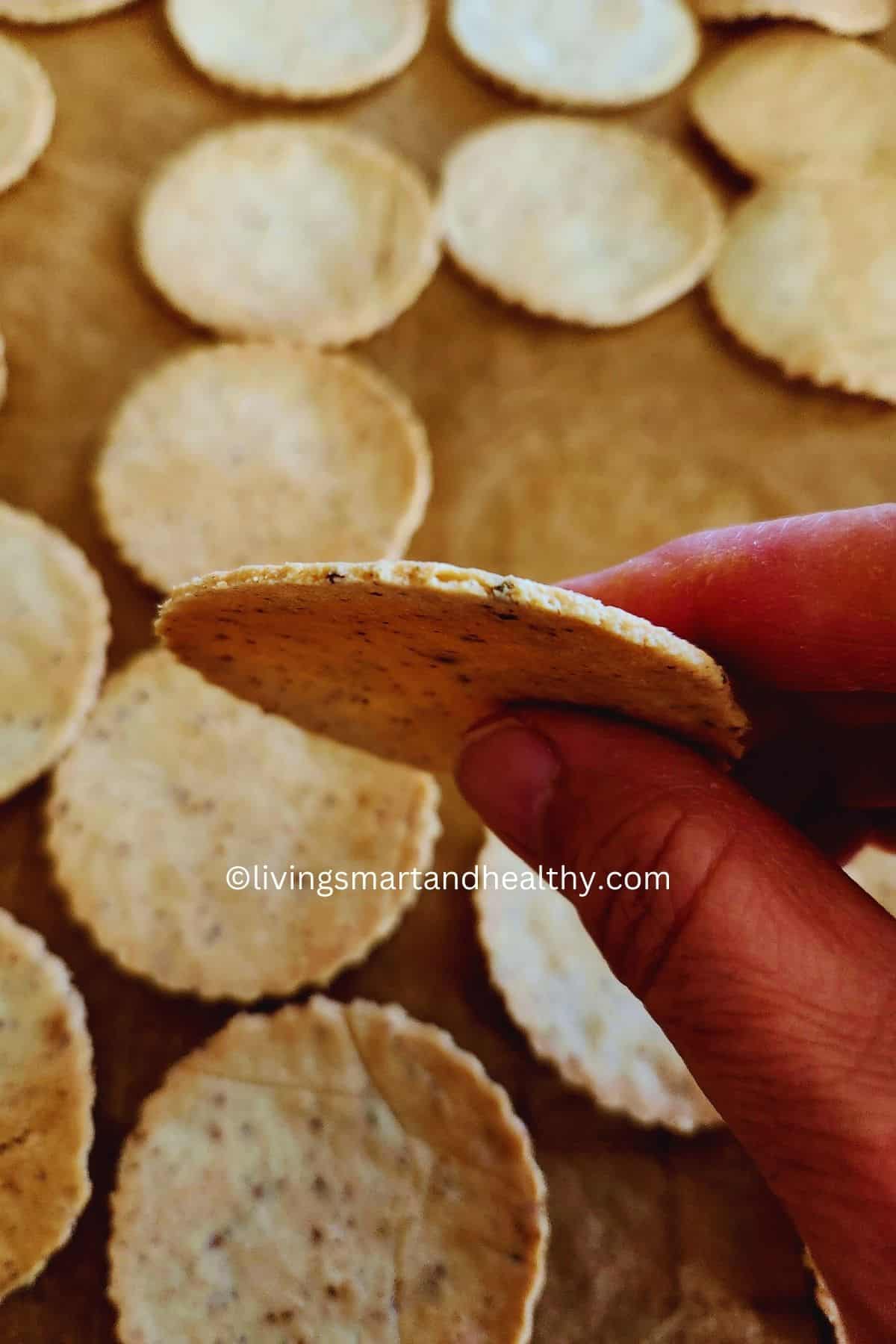 Crunchy almond flour crackers made with flax seed meal and simple ingredients