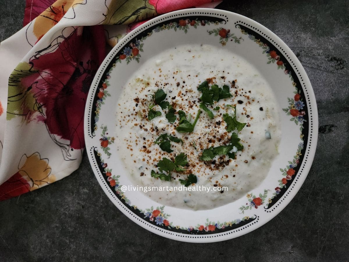 Lauki raita made with sautéed bottle gourd and yogurt in a serving bowl