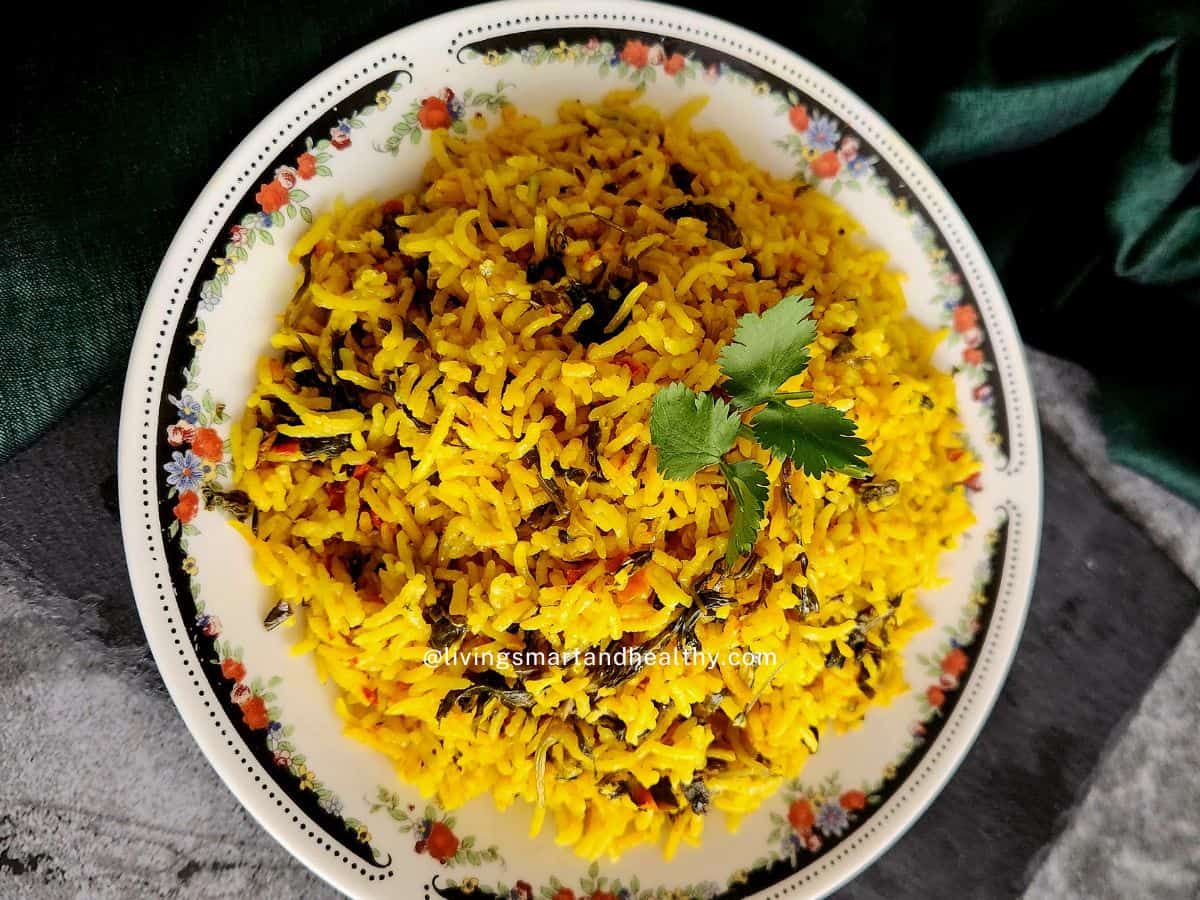 Fresh Sindhi Methi Pulao served in a bowl with vibrant green fenugreek leaves and fluffy basmati rice