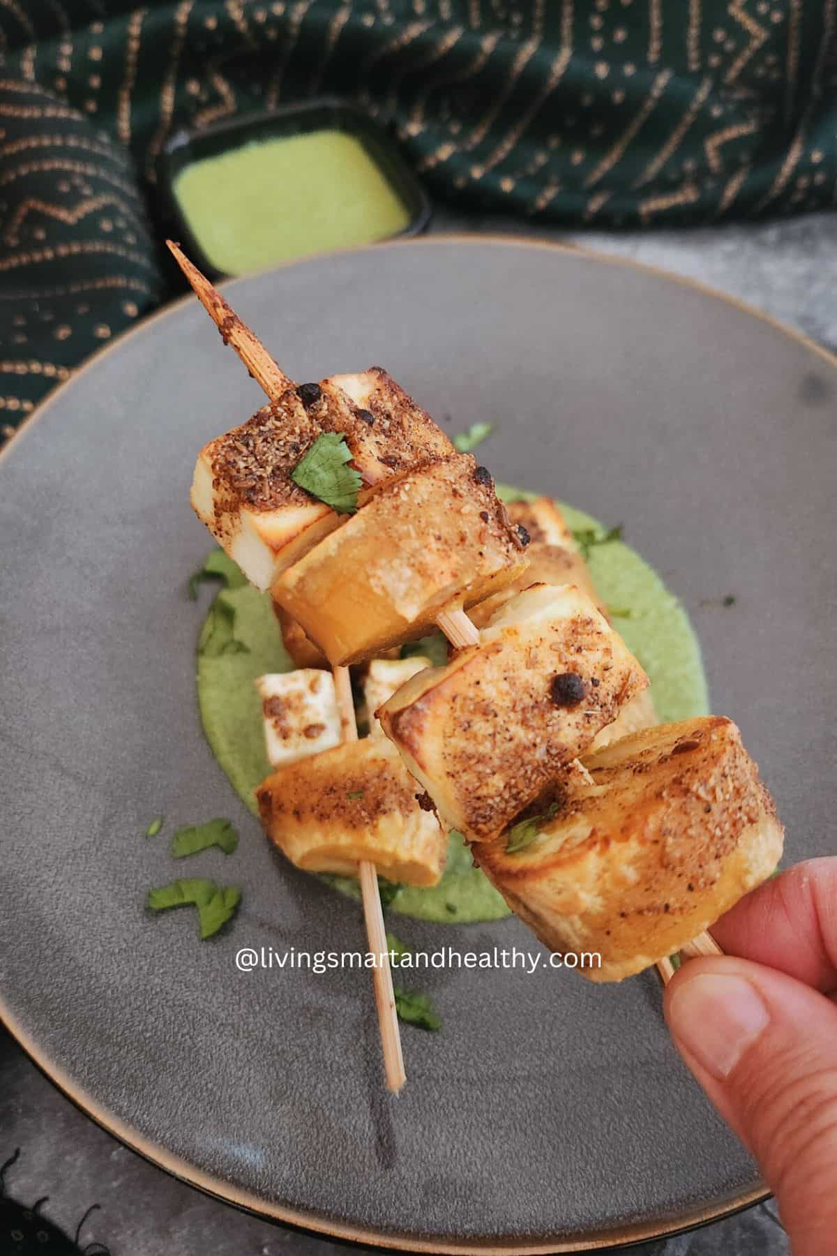 Healthy Navratri snack with paneer and roasted sweet potato on skewers