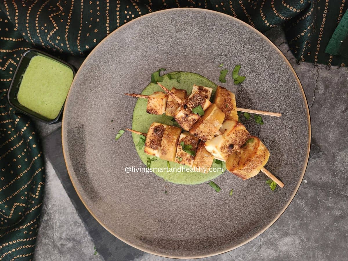 Vrat sweet potato paneer skewers brushed with spices and served hot