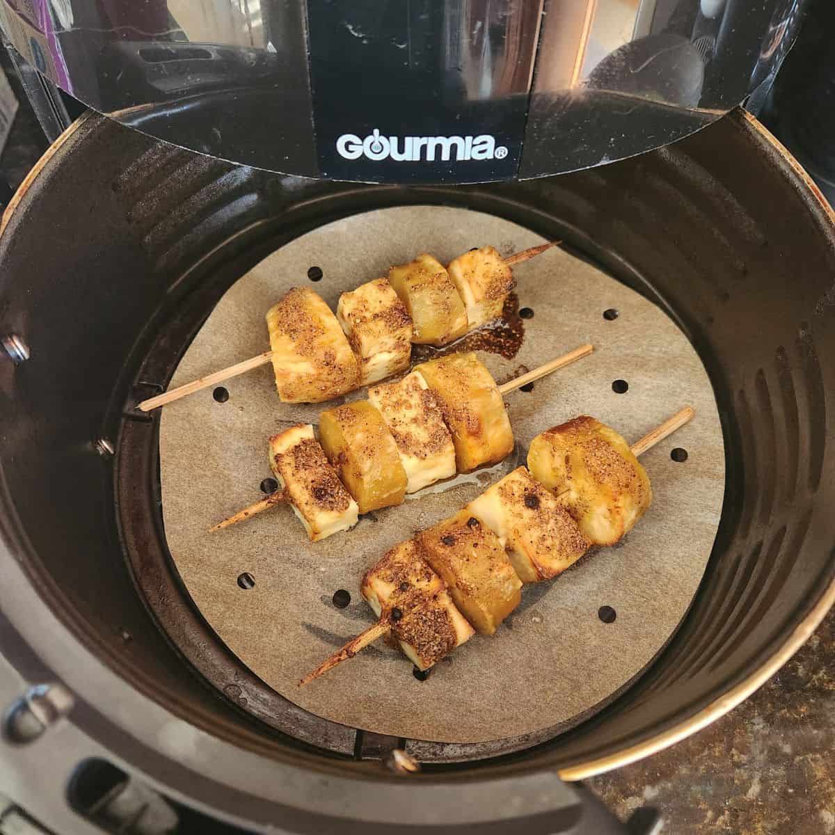 Air fried sweet potato and paneer skewers with vrat masala coating