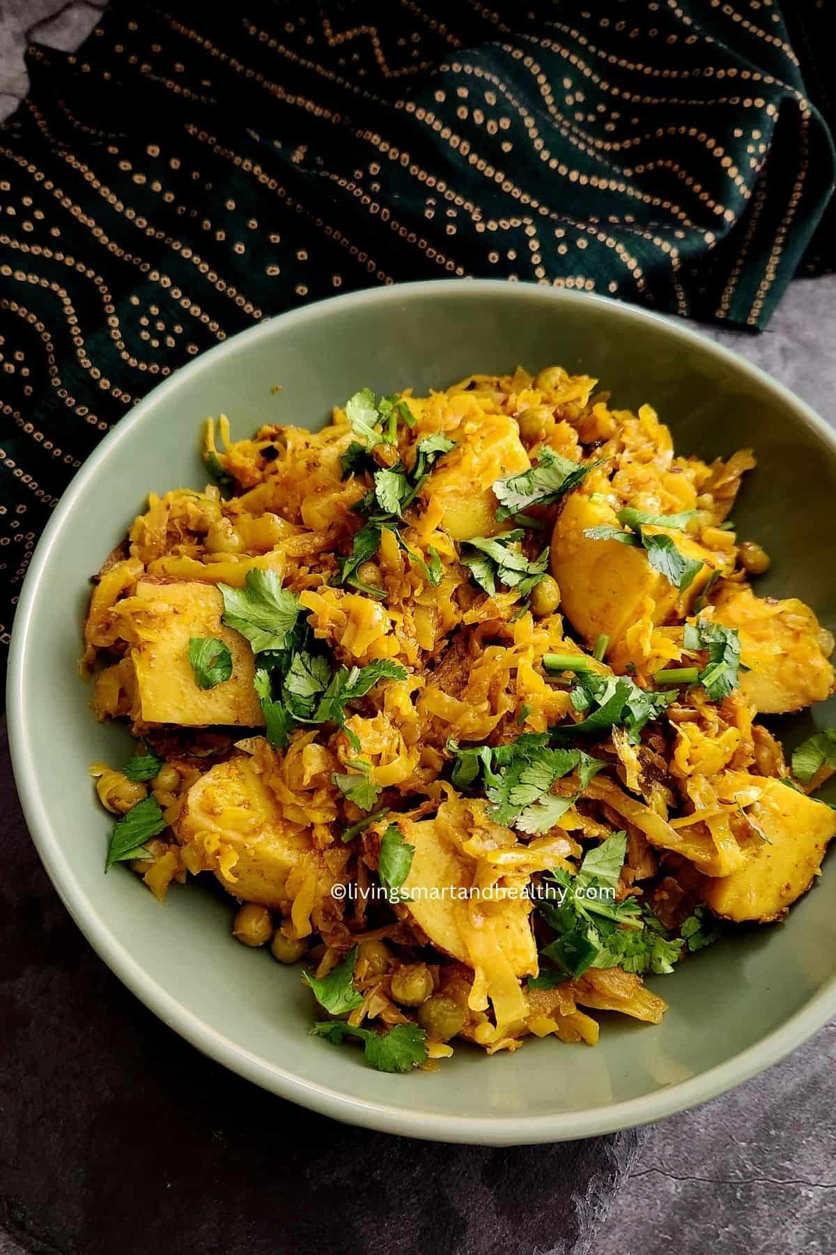 Aloo patta gobhi sabzi Indian cabbage potato stir fry