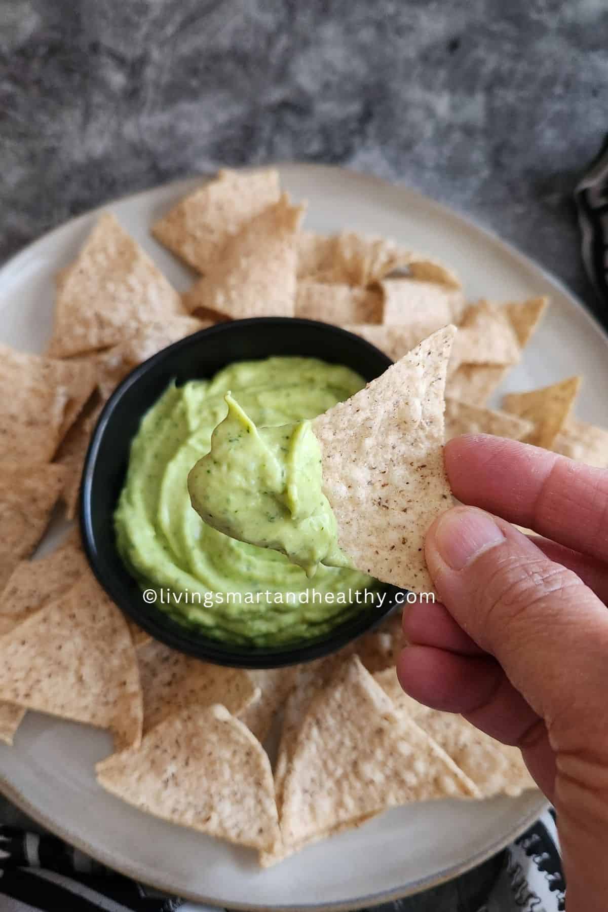 Avocado dip being blended in a food processor with ice cubes, Greek yogurt, lime juice, and fresh herbs for a smooth creamy texture