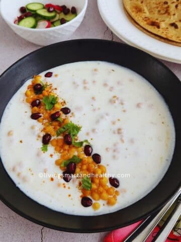Close-up of dahi boondi raita with soft boondi in spiced yogurt