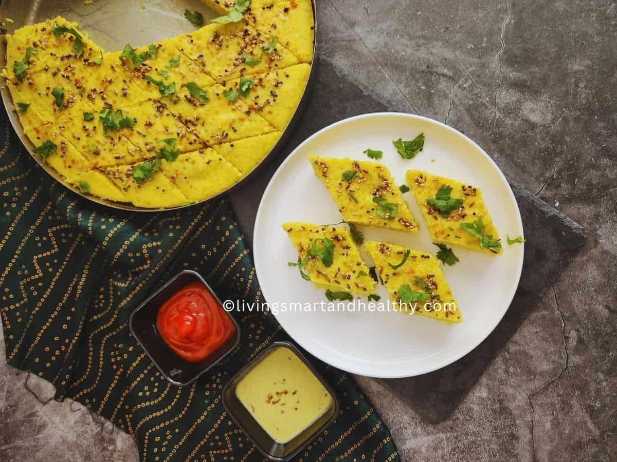 Healthy moong dal dhokla cut into squares