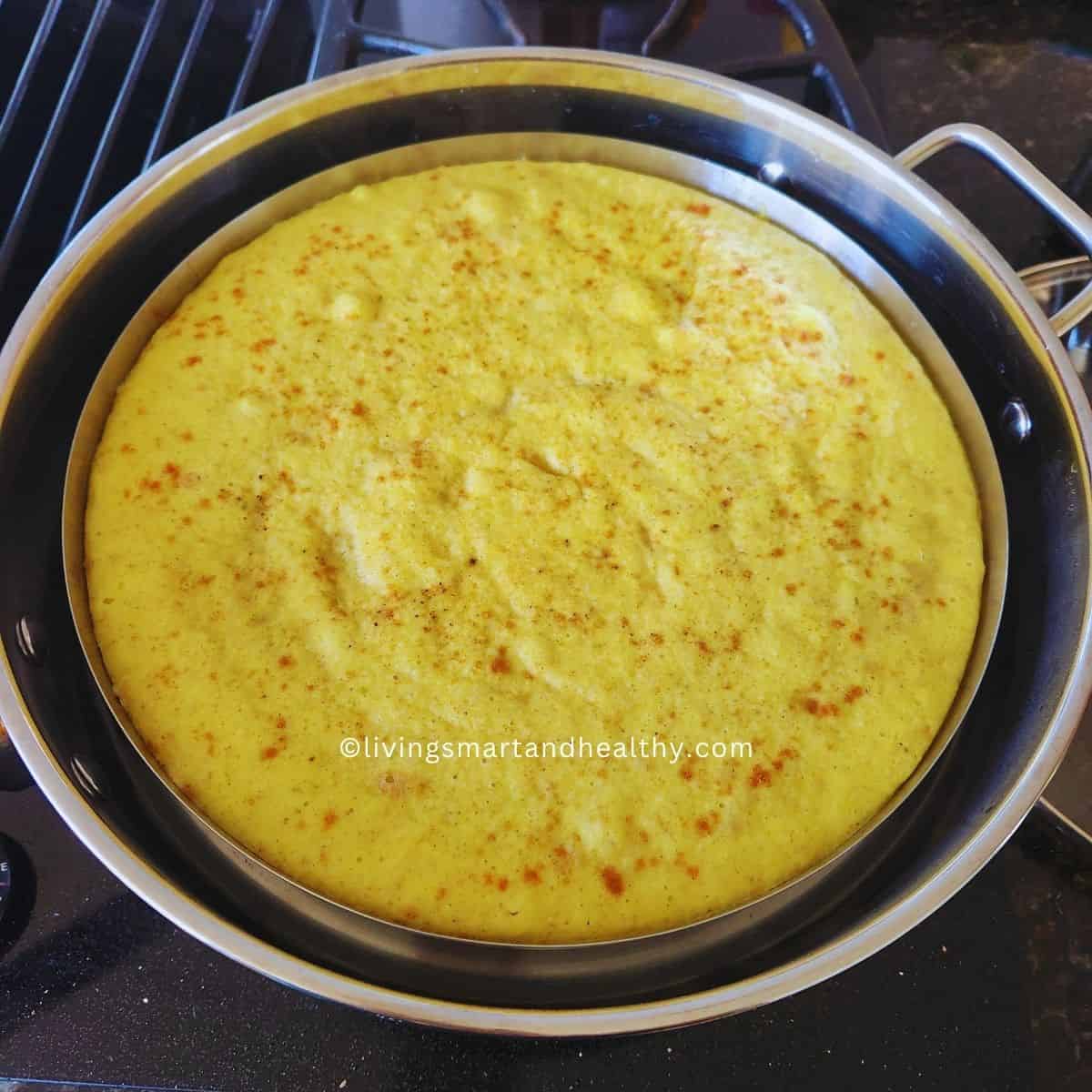 Steamed dalia dhokla garnished with coriander and coconut
