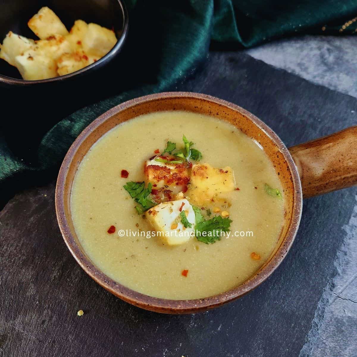 creamy, delicious, one-pot paneer lauki soup ready to be served