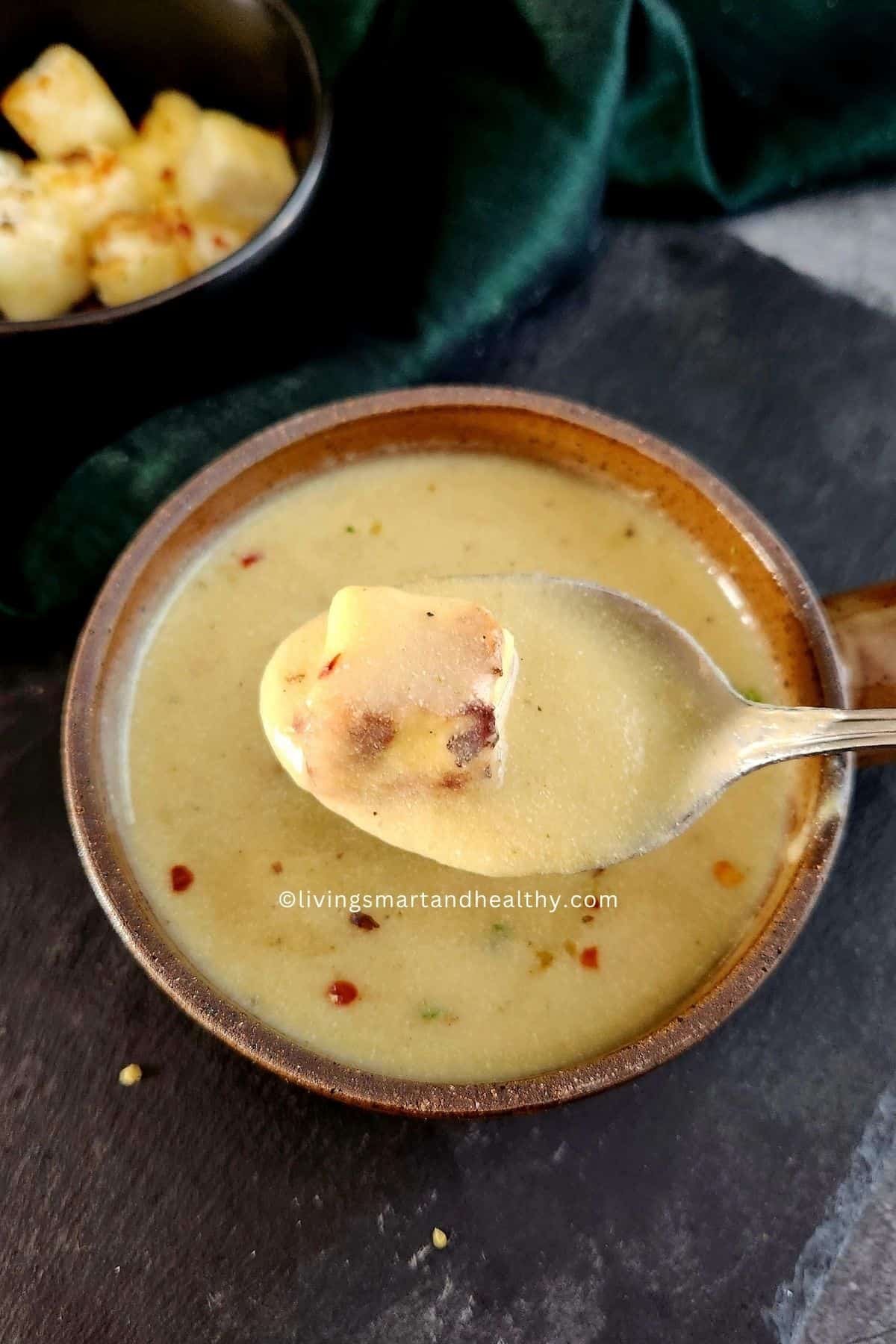 close-up of Healthy lauki paneer soup in a bowl