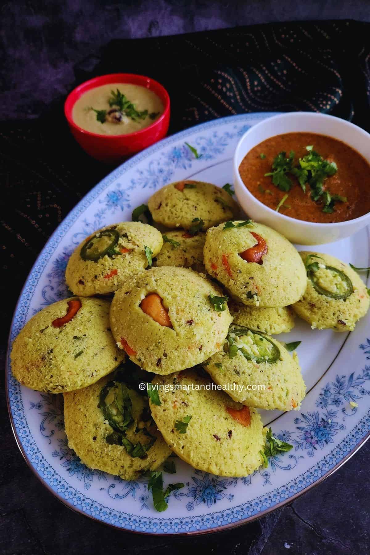 paneer moong dal instant idli served in the blue platter