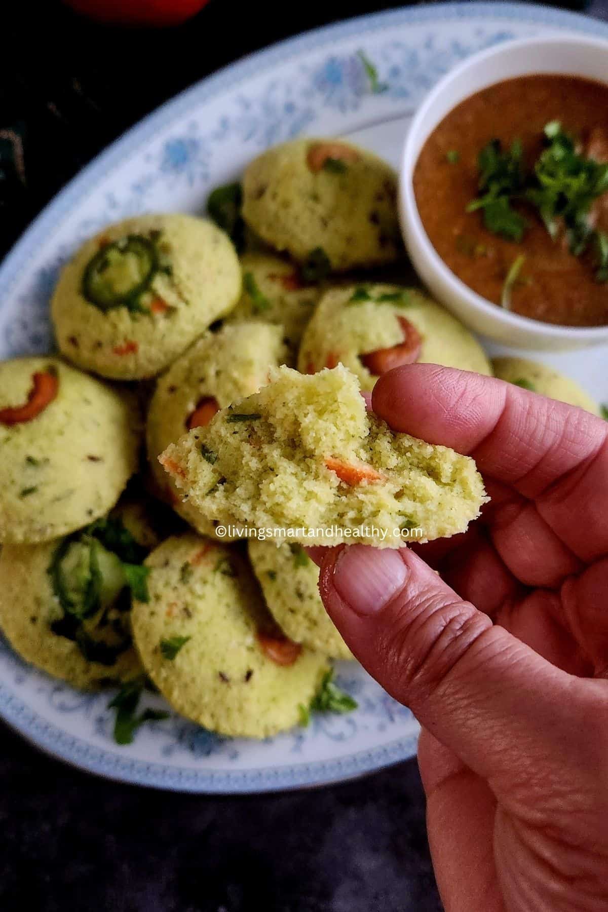 close up of paneer moong dal instant idli