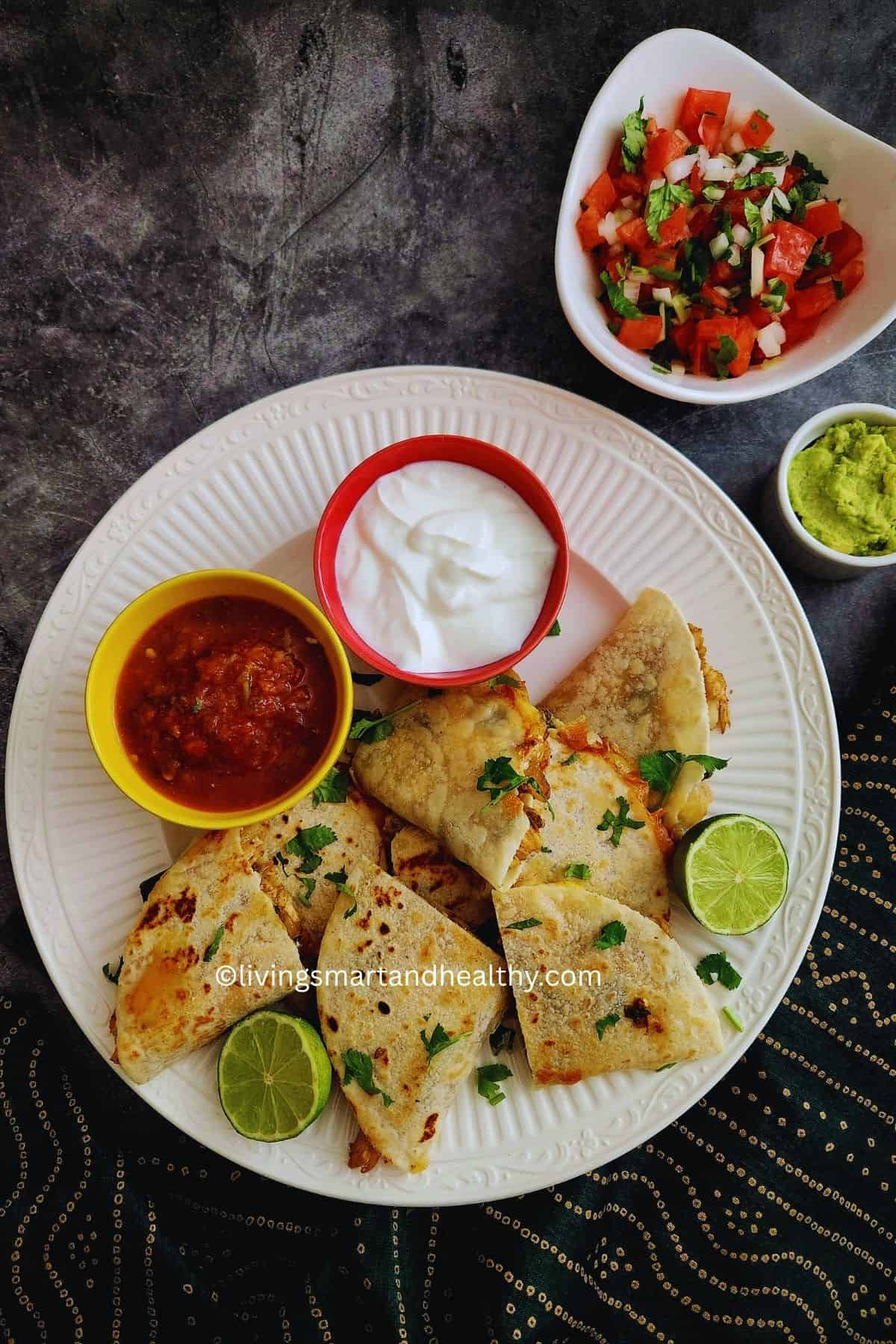 Gluten-free chicken quesadilla with roasted poblanos and melted cheese in almond flour wrap