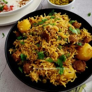 Close-up of protein-rich soya chunks pulao with peas and potatoes