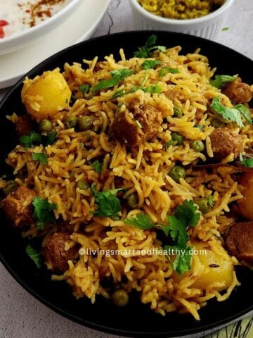Close-up of protein-rich soya chunks pulao with peas and potatoes