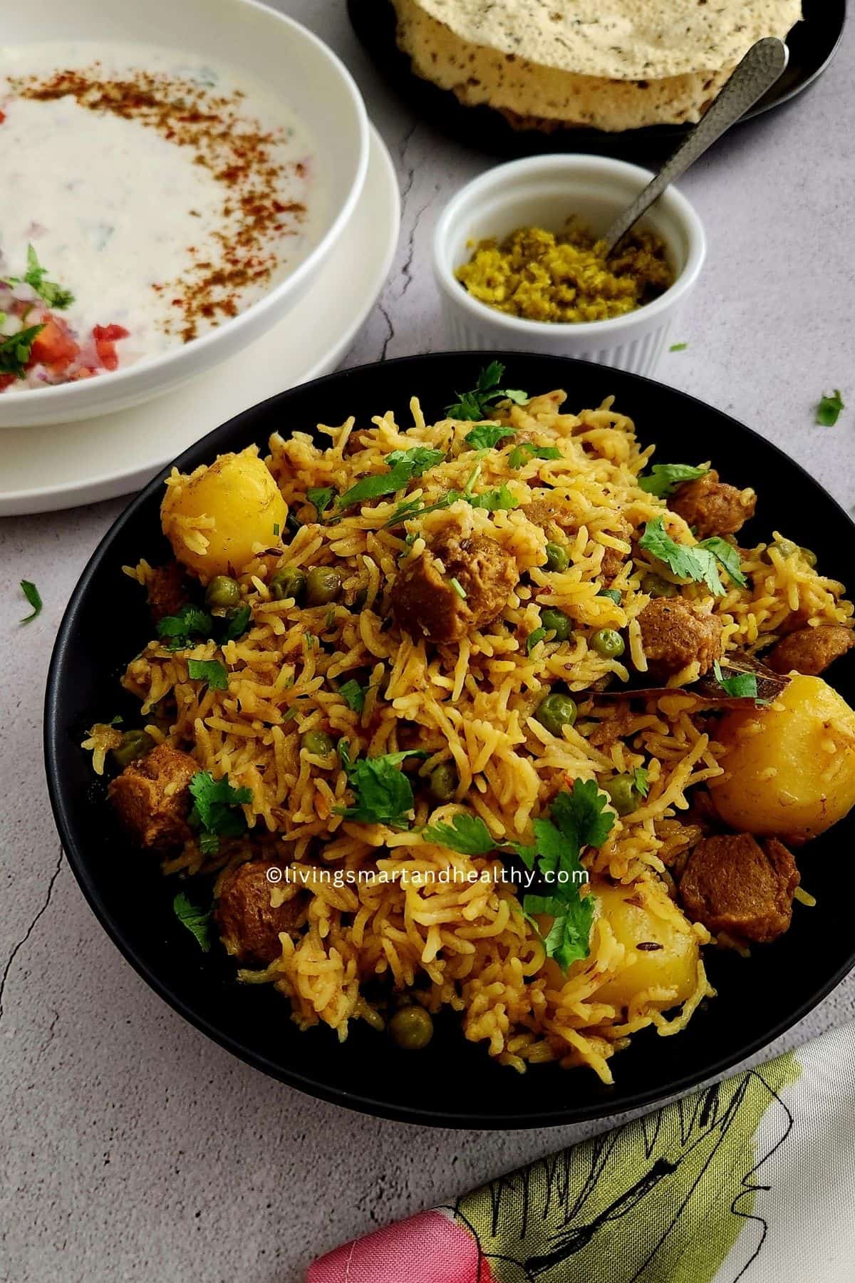 One pot soya chunks pulao with fluffy basmati rice and whole spices