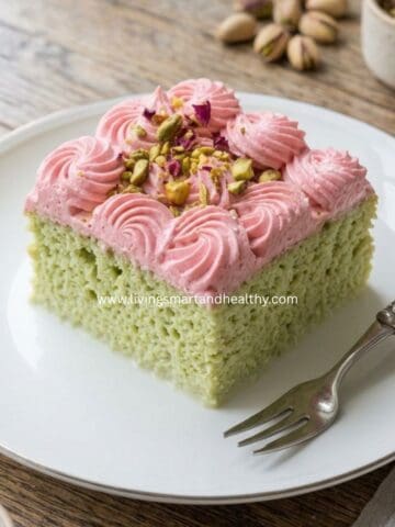 Slice of eggless paan tres leches cake topped with rose whipped cream and candied fennel on a white plate