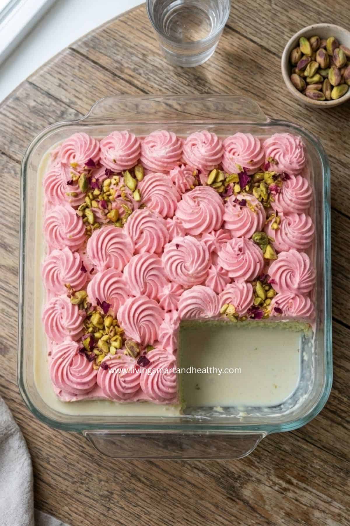 Eggless paan tres leches cake served on a Diwali dessert table with candied fennel and rose petals