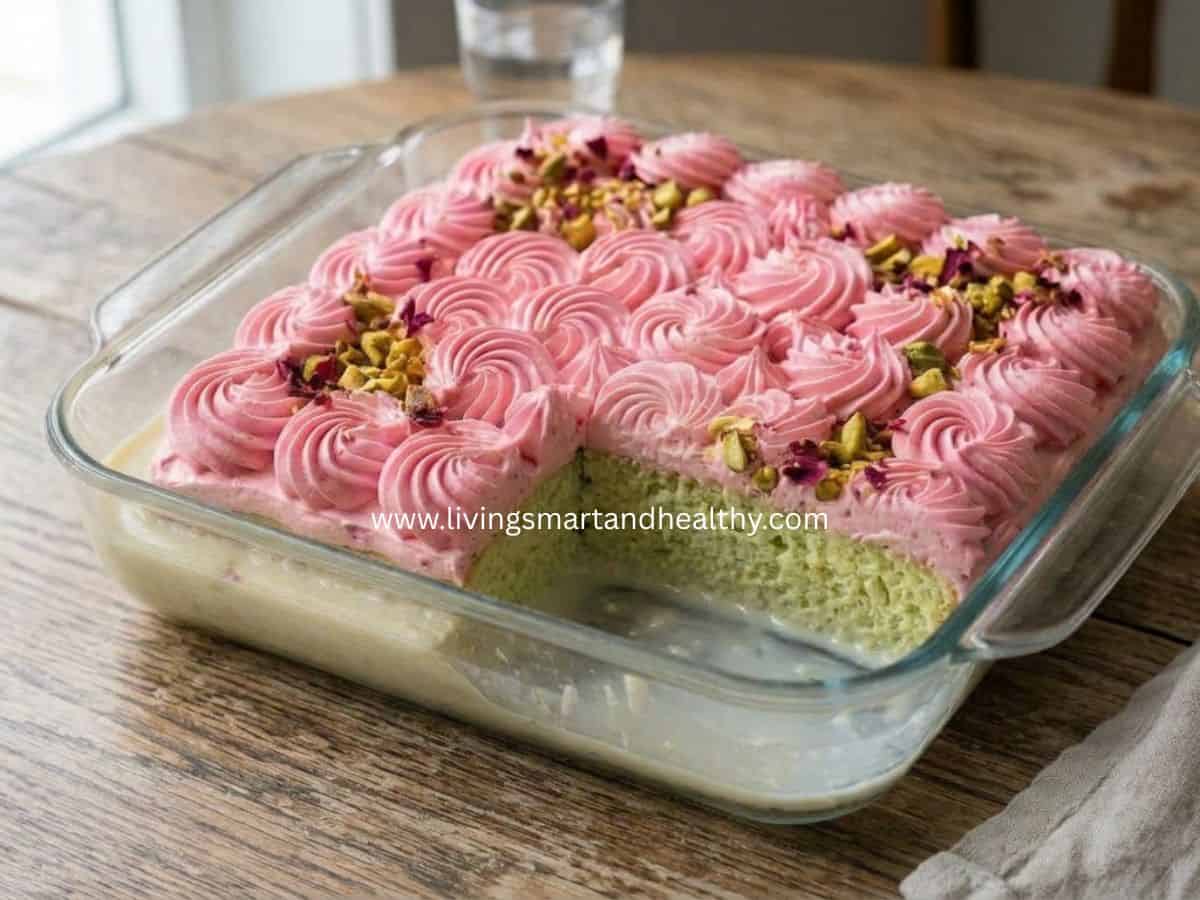 Close-up of a moist, pale green paan-soaked cake slice with rose whipped cream on top