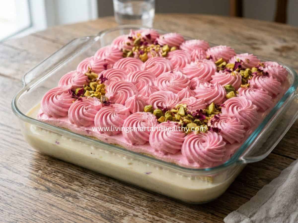 Overhead view of a whole eggless paan tres leches cake in a pan, garnished with piped rose cream and pistachios