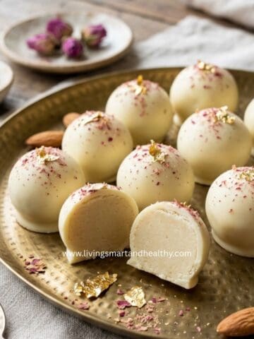 badam halwa truffles arranged in a gift box for Diwali