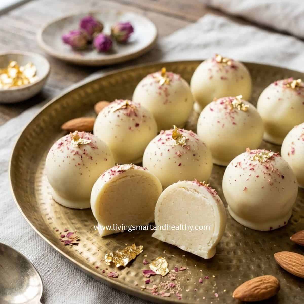 badam halwa truffles arranged in a gift box for Diwali