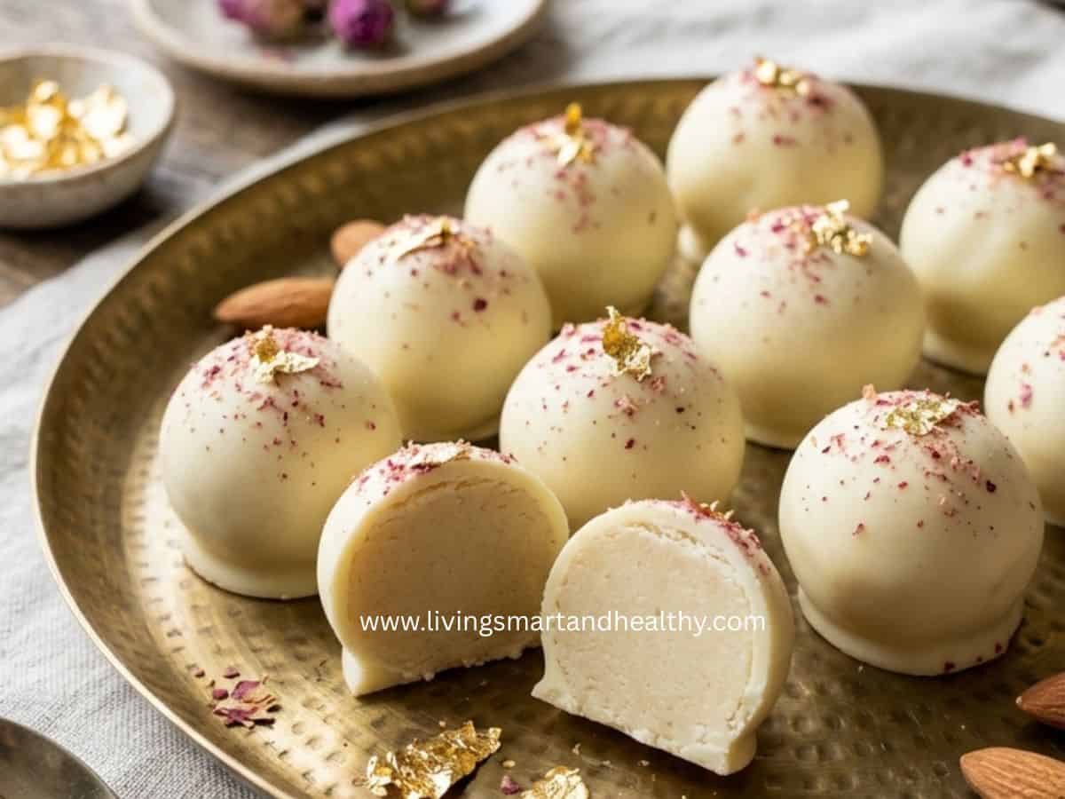white chocolate coated almond halwa truffles with toasted almonds and gold leaf
