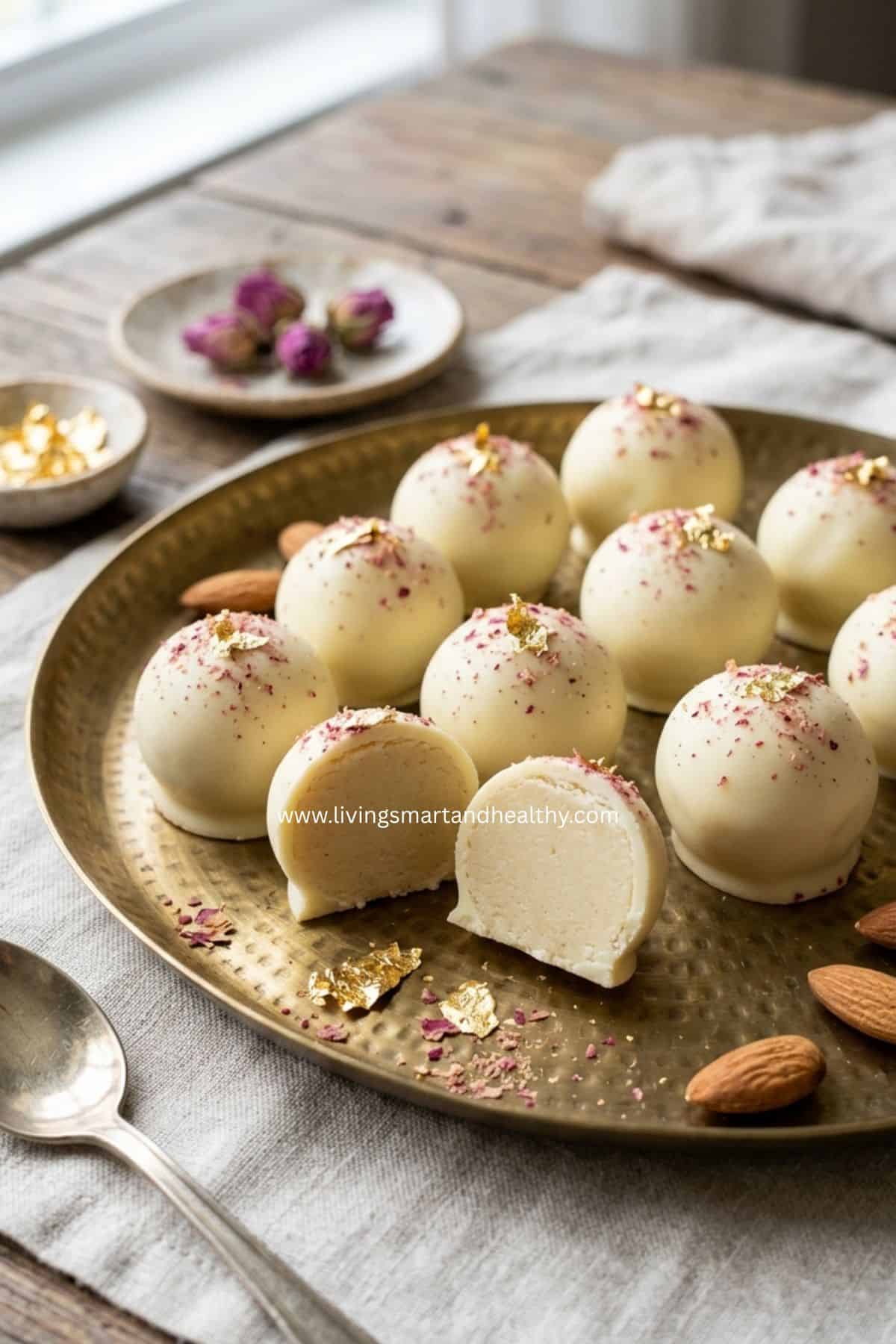 badam halwa truffles on a plate with one cut open to show the saffron almond center