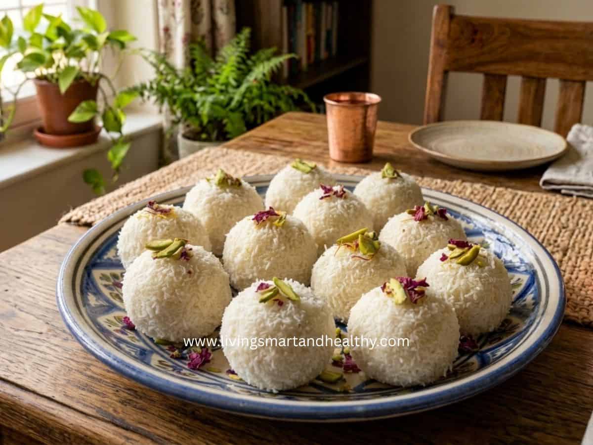 nariyal badam ladoo rolled in desiccated coconut