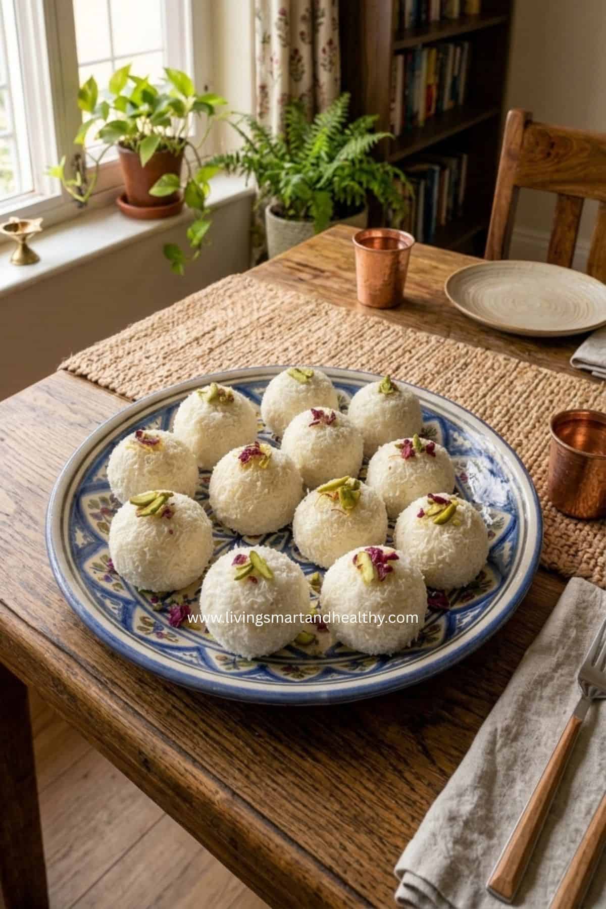 coconut almond balls on a blue plate,