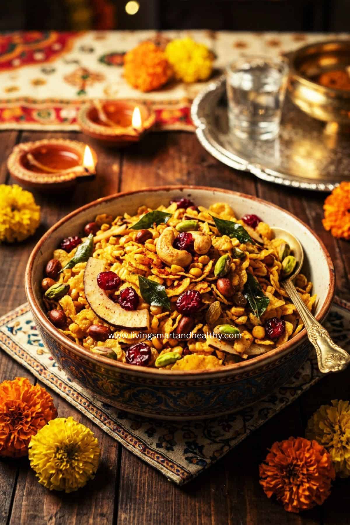 Homemade cornflakes chivda with cashews, peanuts, raisins, curry leaves, and Indian spices